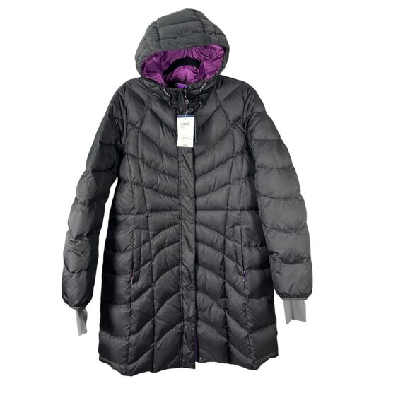 Lands' End Black Purple Lining 600 Fill Down DriOff Puffer Coat Large 14-16 NEW - Picture 1 of 6